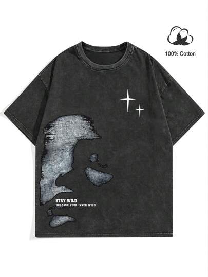 Manfinity EMRG تي شيرت تي شيرت كاجوال قصير الأكمام بطباعة جرافيك وياقة طاقم للرجال، للخروج، هدية للصديق