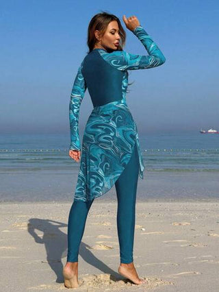 Swim Shayni بوركيني مطبوع بطبعة الرخام مع تنورة الشاطئ صيفي مع سوستة أمامية