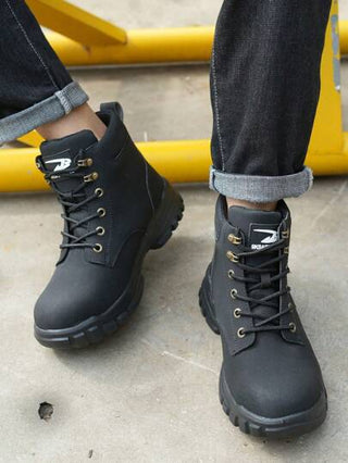 بوت عمل آمنة عالية الكاحل مقاس كبير متنوع الجنس، خفيفة الوزن مقاومة للثقوب، مقاومة للحرائق، مقاومة للماء، بوت واقية لمواقع البناء للاستعمال الخارجي، باللونين الأسود والأبيض مع أربطة بوت سميكة