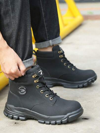 بوت عمل آمنة عالية الكاحل مقاس كبير متنوع الجنس، خفيفة الوزن مقاومة للثقوب، مقاومة للحرائق، مقاومة للماء، بوت واقية لمواقع البناء للاستعمال الخارجي، باللونين الأسود والأبيض مع أربطة بوت سميكة