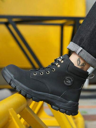 بوت عمل آمنة عالية الكاحل مقاس كبير متنوع الجنس، خفيفة الوزن مقاومة للثقوب، مقاومة للحرائق، مقاومة للماء، بوت واقية لمواقع البناء للاستعمال الخارجي، باللونين الأسود والأبيض مع أربطة بوت سميكة