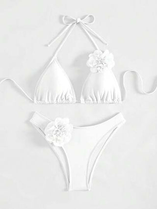Swim مجموعة بكيني نسائية لون أحادي، شريط علوي مزين بزهرة 3D، بكيني كامل صيفي للشاطئ، بكيني أبيض
