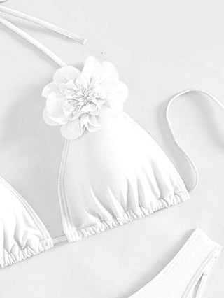 Swim مجموعة بكيني نسائية لون أحادي، شريط علوي مزين بزهرة 3D، بكيني كامل صيفي للشاطئ، بكيني أبيض