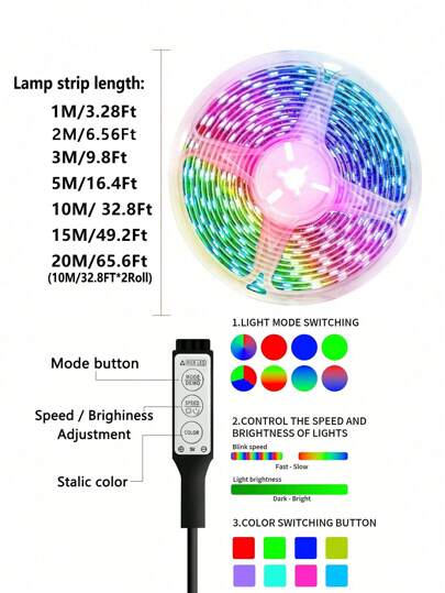 رمضان زينة رمضان 1 قطعة طول 1م/3م/5م/10م/20م شريط إضاءة LED RGB 5050 قابل للتعتيم ، أضواء كبل متغيرة اللون مع وحدة تحكم للديكور المنزلي والحفلات والمطبخ وإضاءة خلفية للتلفزيون، هدايا مثالية