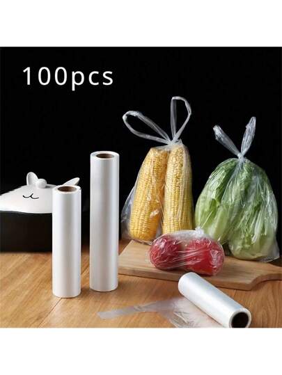 100 قطعة/1 لفة أكياس تخزين الطعام المتينة وغير قابلة للتمزق للفواكه والخضروات، مناسبة للطهي في الهواء الطلق والاستخدام المنزلي