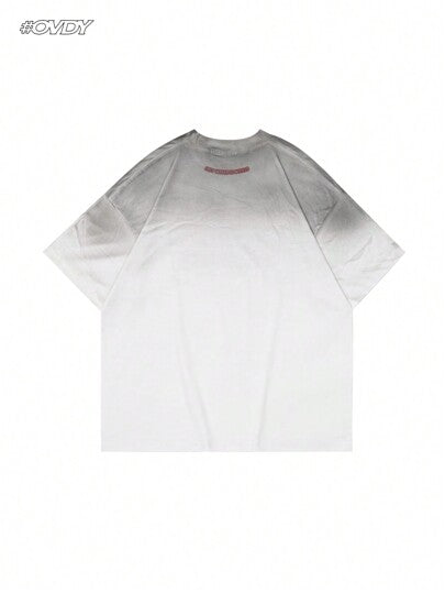 تي شيرت كاجوال فضفاض رقبة دائرية طباعة شعار برش يدوي صيفي للرجال