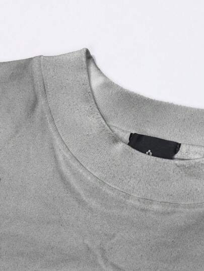 تي شيرت كاجوال فضفاض رقبة دائرية طباعة شعار برش يدوي صيفي للرجال