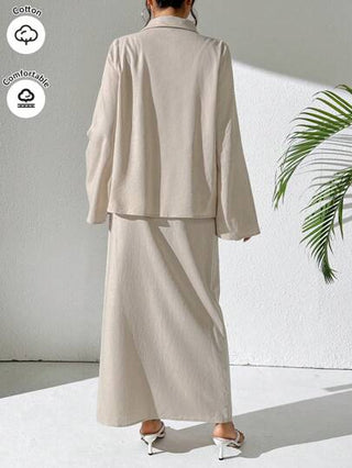 طقم حريمي قطعتين Mulvari طقم ملابس علوية كاجوال بأكمام طويلة وتنورة خصر بأربطة ملونة طقم من قطعتين للنساء