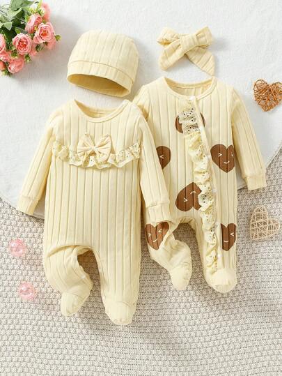 SHEIN طقم رومبير بأكمام طويلة مع شريط الرأس والقبعة بطبعة زهرية دانتيل للبنات حديثي الولادة