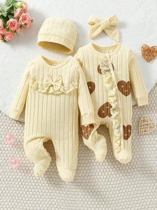 SHEIN طقم رومبير بأكمام طويلة مع شريط الرأس والقبعة بطبعة زهرية دانتيل للبنات حديثي الولادة