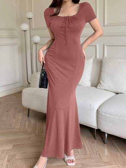 Mulvari فستان الحورية ذو الأكمام القصيرة واللون الأحادي الكاجوال للنساء، صيفي