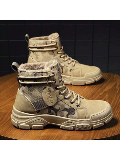 بوت ثلج دافئة مبطنة بالصوف للرجال، بوت عزل دافئة ومقاومة للماء، بوت كاحل بتصميم كاموفلاج للاستخدام اليومي والخارجي، بوت سلامة خارجية عادية، مناسبة للشتاء البارد القارص
