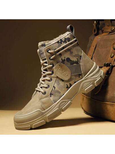 بوت ثلج دافئة مبطنة بالصوف للرجال، بوت عزل دافئة ومقاومة للماء، بوت كاحل بتصميم كاموفلاج للاستخدام اليومي والخارجي، بوت سلامة خارجية عادية، مناسبة للشتاء البارد القارص