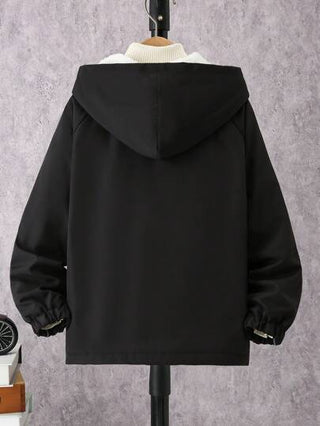 SHEIN معطف مقاس المراهق مطبوع بحرف ذات حافة متباينة ، بغطاء للرأس و سحاب، بجيوب، بطبقة عازلة للحرارة، للخريف/الشتاء