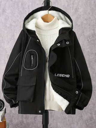 SHEIN معطف مقاس المراهق مطبوع بحرف ذات حافة متباينة ، بغطاء للرأس و سحاب، بجيوب، بطبقة عازلة للحرارة، للخريف/الشتاء