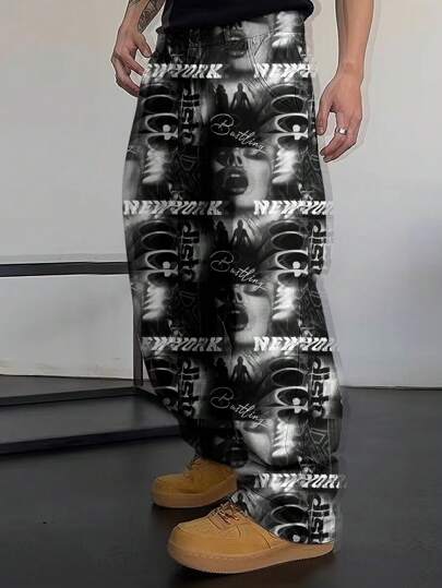 Manfinity EMRG بنطال كارجو طويل ملائم للشارع بطباعة بيكسلية باللونين الأبيض والأسود عصرية، بطراز Y2K، بتصميم استقامة الساق واسع البناء، مناسب للرجال، هدايا للزوج أو الصديق