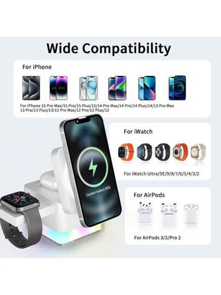 محطة شحن لاسلكية ثلاثية الوظائف 15 واط، وحدة تحميل مطابقة مع آيفون 15/14/13/12 برو ماكس/برو/ميني/بلس، متوافقة مع ساعة آبل ألترا 9/8/7/6/5/4/3، وأجهزة 3/2، متوافقة مع آيفون 16 15 14 13 12 11 X 8 برو ماكس/برو/ميني/بلس، متوافقة مع ساعة آي وتش وأجهزة ، مناسبة