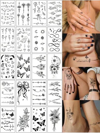 (20 ورقة/طقم) وشم مؤقت بتصميمات صغيرة واقعية لحيوانات، كواكب، زهور، مختلط ، مقاوم للماء، طويل الأمد، تصميمات مخصصة، مناسبة للأصابع والرسغ ومناطق صغيرة بالجسم