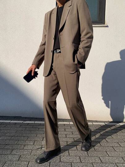 DAZY بدلة رجالية لون سادة، لباس علوي بياقة قصيرة وأزرار وأكمام طويلة مع بنطال مستقيم كاجوال للأعمال، خريف