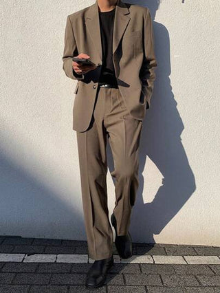 DAZY بدلة رجالية لون سادة، لباس علوي بياقة قصيرة وأزرار وأكمام طويلة مع بنطال مستقيم كاجوال للأعمال، خريف