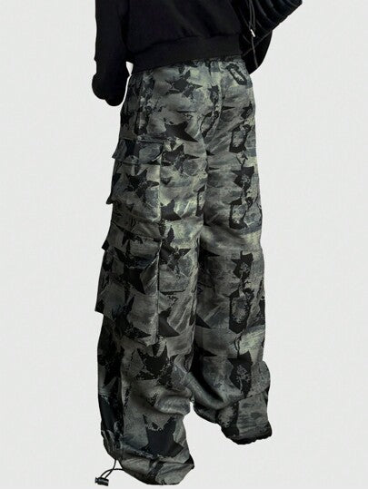 ROMWE MEN Street Life بنطال كارجو للرجال مُنقوش بنجوم بخصر مربوط بسحاب، مناسب للمدرسة