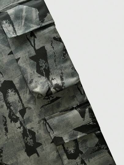 ROMWE MEN Street Life بنطال كارجو للرجال مُنقوش بنجوم بخصر مربوط بسحاب، مناسب للمدرسة