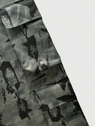 ROMWE MEN Street Life بنطال كارجو للرجال مُنقوش بنجوم بخصر مربوط بسحاب، مناسب للمدرسة