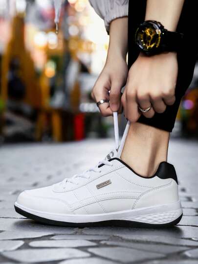 أحذية رياضة رجالية من الجلد الصناعي أنيقة وكاجوال، متنفسة، أحذية رياضية لا تنزلق، أحذية كاجوال إسفنجية