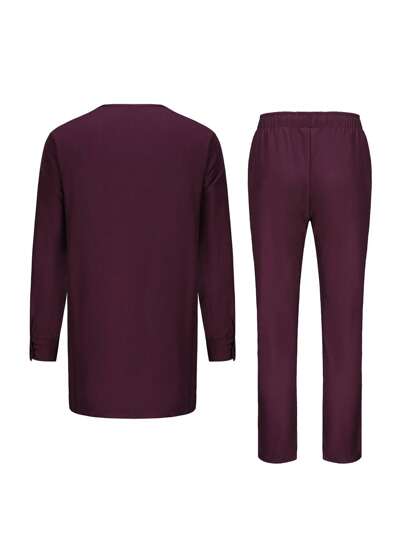 بدلة كفتان فاخرة وأنيقة من قطعتين للرجال قميص طويل الأكمام مطرز وبنطال كاجوال مناسب للأعياد والزفاف