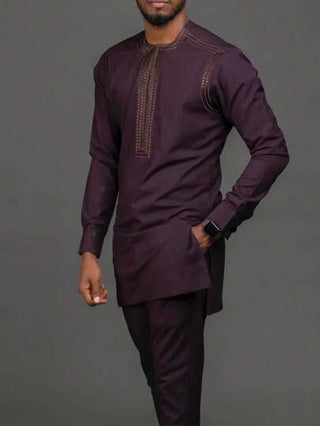 بدلة كفتان فاخرة وأنيقة من قطعتين للرجال قميص طويل الأكمام مطرز وبنطال كاجوال مناسب للأعياد والزفاف