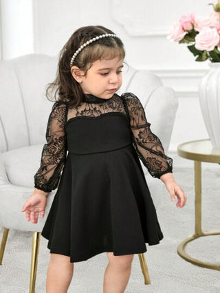 فستان أنيق طويل الأكمام بقماش الشبك والدانتيل متماثل للأم والطفلة، مجموعة (2 قطعة) منفصلة للبيع