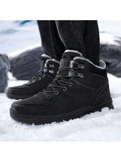 بوت شتوي رياضي رجالي عالي الكاحل ثقيل القاعدة فائق الخفة وفائق الدفء، بوت جلد صناعي زائد الحجم للرجال (EU39-48) لأنشطة الخارجية وتنزه الجبال، بوت مريحة عادية، بوت تزلج دافئة، مانعة للانزلاق ومتينة، باللون الأسود/الرمادي