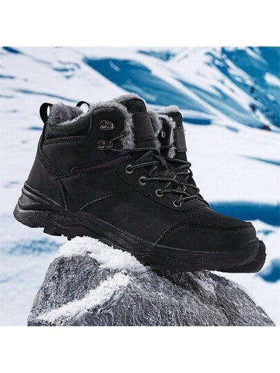 بوت شتوي رياضي رجالي عالي الكاحل ثقيل القاعدة فائق الخفة وفائق الدفء، بوت جلد صناعي زائد الحجم للرجال (EU39-48) لأنشطة الخارجية وتنزه الجبال، بوت مريحة عادية، بوت تزلج دافئة، مانعة للانزلاق ومتينة، باللون الأسود/الرمادي
