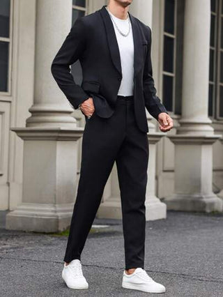 Manfinity Mode بدلة رجالية بلون أحادي بسيطة للاستخدام اليومي - بليزر وبنطلون أسود بأكمام طويلة