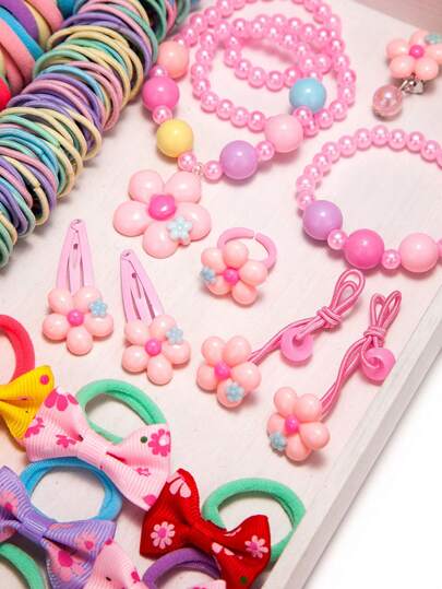 طقم ملحقات شعر للأطفال 149قطعة/مجموعة، شاملاً فيونكات متعددة الألوان، أزهار، قلائد، أساور، خواتم، أقراط