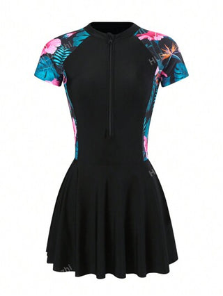 أثاث مكتبي قطعة واحدة من ملابس السباحة النسائية بطبعة استوائية، مع إغلاق بسوستة، مخصر رفيع، ملابس محتشمة عالية الجودة للشاطئ والرياضة الصيفية