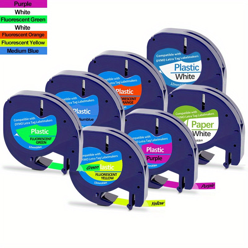 مجموعة من 7 شرائط لصنع ملصقات PET متوافقة مع آلة Dymo LetraTag LT-100H، LT-100T، QX50 - ألوان فلورية متنوعة، 12 مم × 4 م، خراطيش تعبئة LT