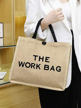 حقيبة ال- THE WOEK البسيطة المطبوع عليها الحروف، حقيبة تسوق بلون خاكي، هدية شكر للمعلم، حقيبة كبيرة السعة مصنوعة من الكتان للنساء