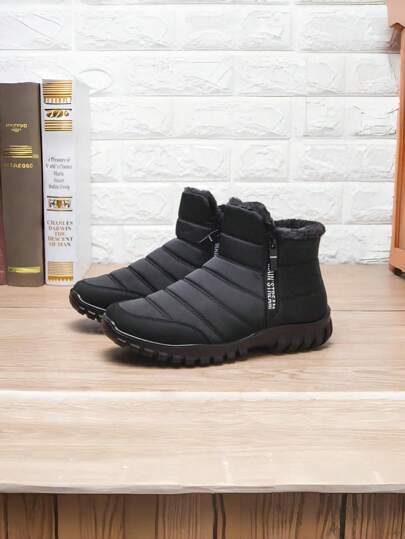 بوت ثلج رجالية ذات لون واحد مقاومة للماء مع بطانة مبطنة دافئة، بوت ذات تصميم سحاب جانبي مريح مضاد للانزلاق وقوي، بوت شتوية رجالية