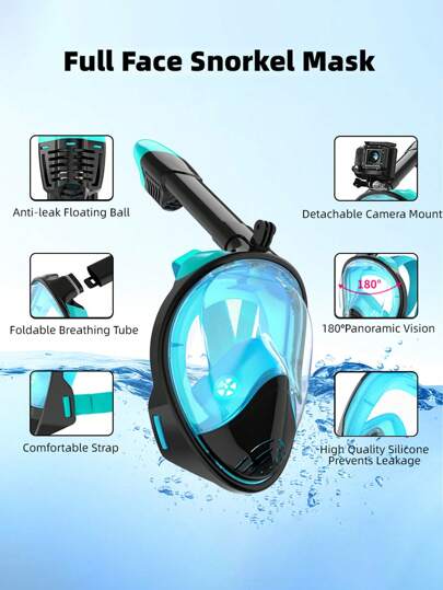 قناع غطاء الوجه الكامل للغوص بكاميرا، رؤية بانورامية 180 درجة، للغوص الجاف، مضاد للضباب والتسرب، معدات غوص للكبار قطعة واحدة