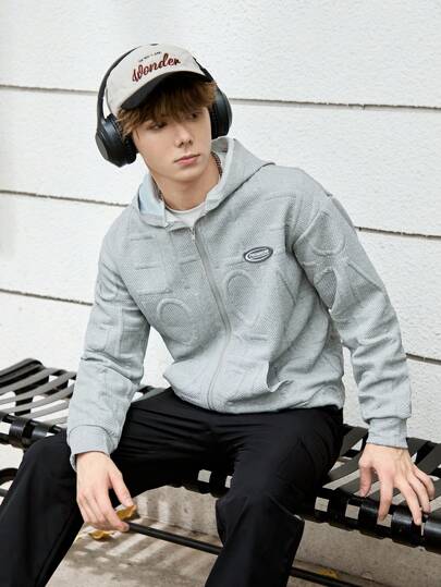 SHEIN 1قطعة جاكيت مقنعة بسحاب مطبوعة بحرف مهرع نسيج محبوك للمراهقين، خريفي