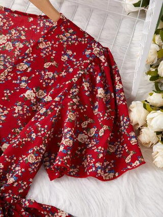 Breezaya فستان كاجوال أنيق بياقة على شكل حرف V مع بنت داخلي مزين بزهور صغيرة للبسها في رأس السنة والعطلات والشاطئ، فستان أحمر مزين بالأزهار للنساء، فستان أزهار للنساء