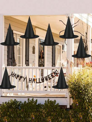 12 قطعة قبعات ساحرة لهالوين باللون الأسود، قبعات ساحرة، اكسسوارات زي ساحرة، مع سلك نايلون بطول 328 قدم لزينة المنزل والحديقة والسقف للاستخدام الداخلي والخارجي