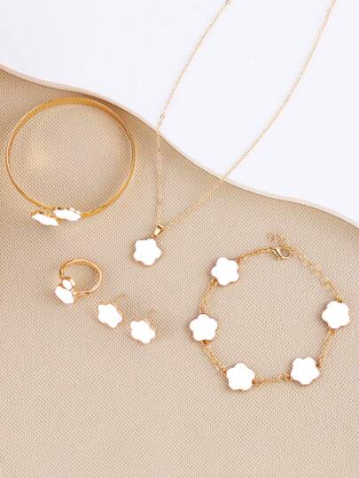 6 قطعة/مجموعة سوار و قلادة و أقراط و أساور و خاتم مجموعة مجموعة مزينة بتصميم البرسيم الحظ