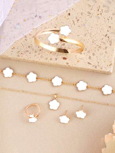 6 قطعة/مجموعة سوار و قلادة و أقراط و أساور و خاتم مجموعة مجموعة مزينة بتصميم البرسيم الحظ