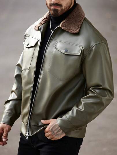 Manfinity Homme معطف دراجة نارية بنمط الجلد الاصطناعي للرجال، أكمام طويلة، سحاب، جاكيت جلدية، جاكيت شتوية، للخروج والمناسبات الغير رسمية، هدية للأصدقاء والزوج والحبيب