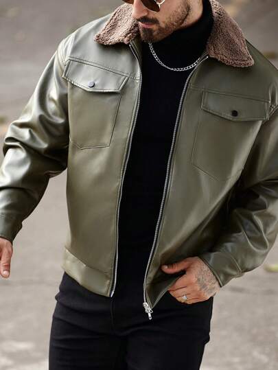 Manfinity Homme معطف دراجة نارية بنمط الجلد الاصطناعي للرجال، أكمام طويلة، سحاب، جاكيت جلدية، جاكيت شتوية، للخروج والمناسبات الغير رسمية، هدية للأصدقاء والزوج والحبيب