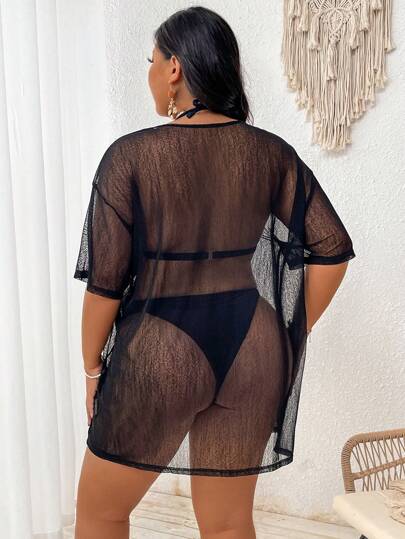 Swim Lushoire بلوزة حريمي زي شاطئ صيفي منفذة بلون عادي مع رقبة عادية وأكمام قصيرة شفافة، مثالي للارتداء بشكل عارضي على الشاطئ