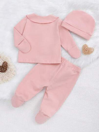 SHEIN طقم ملابس منزلية لطفلة 3 قطع شامل ملابس علوية وردية بأكمام طويلة، وبنطلون، وقبعة
