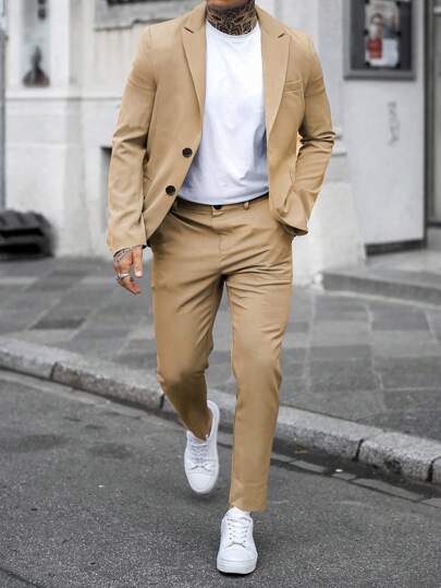 Manfinity Mode بدلة رسمية رجالية بقميص وبنطلون، لون أحادي بأكمام طويلة بسيطة للاستخدام اليومي